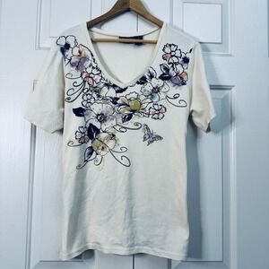Jane Ashley Women's 1X Cream Floral Butterfly Short Sleeve V Neck Cotton‎ Top